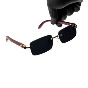 Black Tint Rimless Wood Vintage Sunglasses